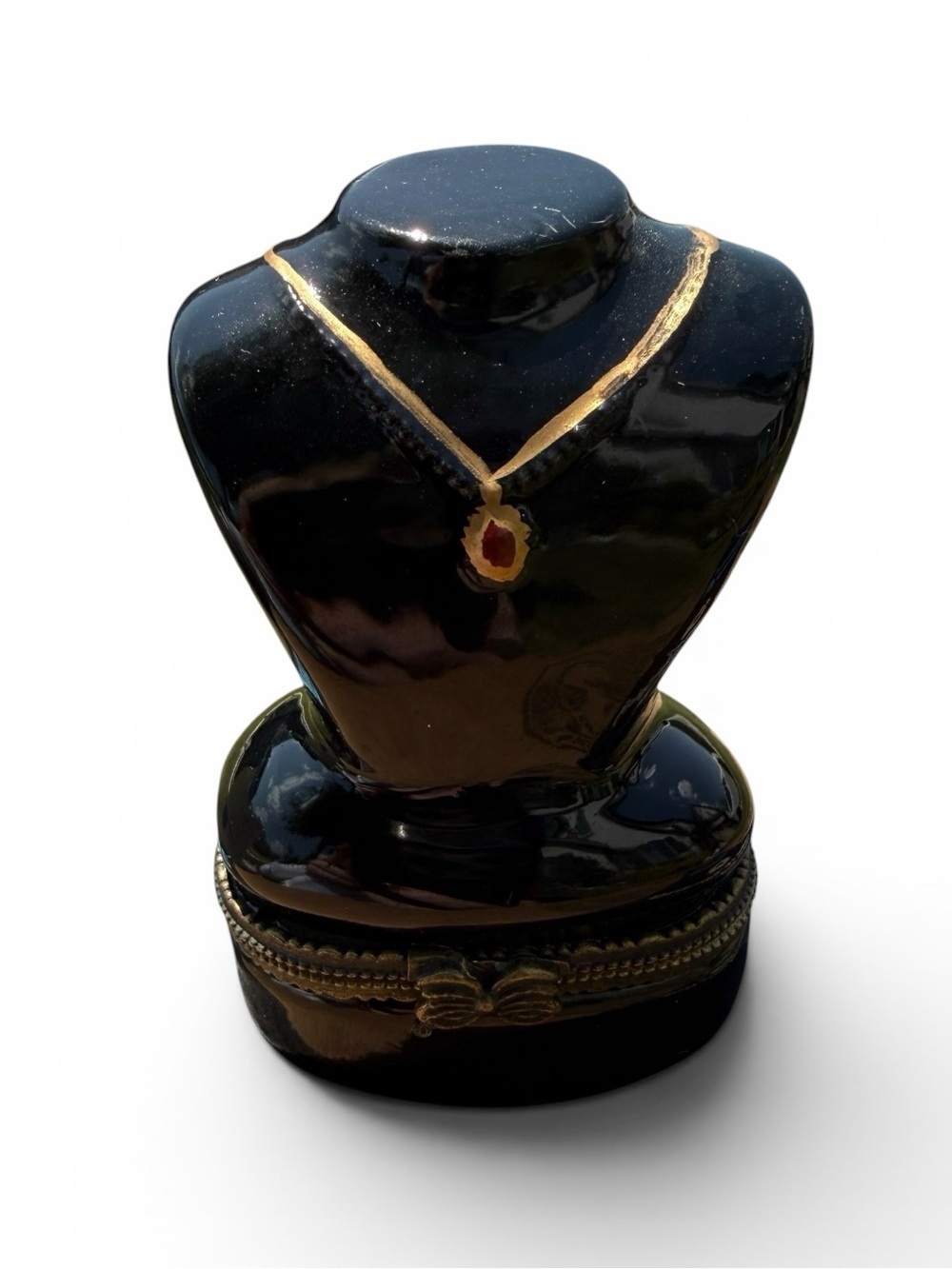 Vintage Black Jewelry Bust Trinket Box Ceramic Necklace Display Ring Keepsake 3”